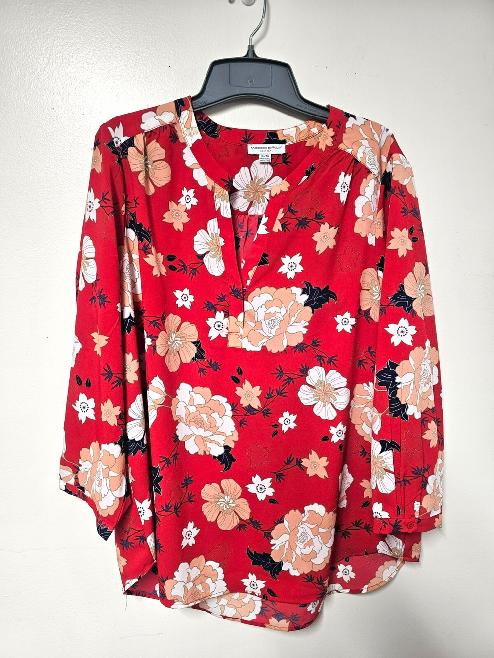 Katherine Barclay Floral Popover Blouse Size XL 3/4 Balloon Sleeves Artsy